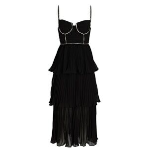 Self Portrait Bustier Tiered Chiffon Midi-Dress Black